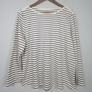 L.L. Bean Womens 1X Boat Neck Supima Cotton Stripe Top Ivory Navy